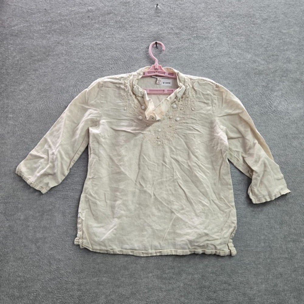 JM Collection Women Blouse 10 Beige Solid Linen 3/4 Sleeve Casual